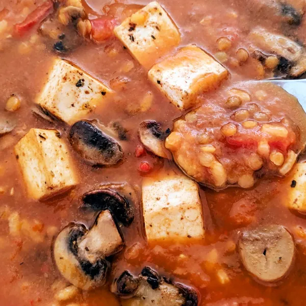Lentejas de dos colores con verduras, arroz y tofu salteado con champiñones