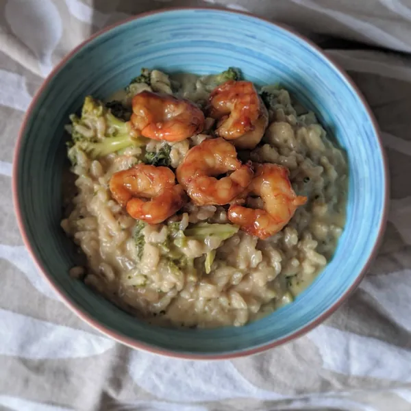 Risotto cremoso de brócoli con gambón teriyaki