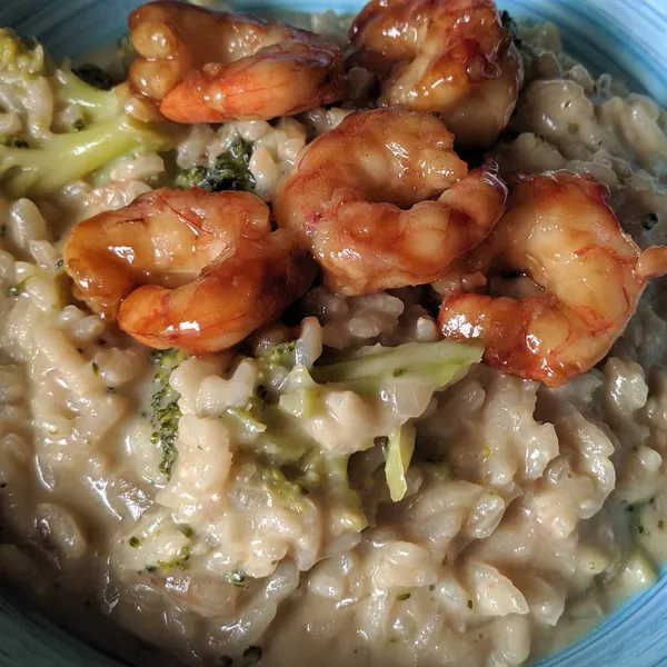 Risotto cremoso de brócoli con gambón teriyaki