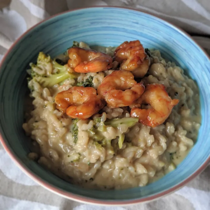 Risotto cremoso de brócoli con gambón teriyaki